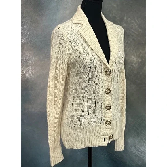 Banana Republic Womens Cream Cable Knit 100% Wool Button Shawl Collar Cardigan M - Picture 4 of 8
